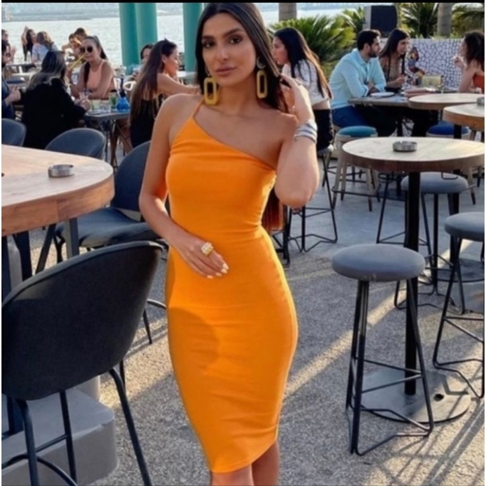 ZARA BLOGGER FAVE ORANGE ONE SHOULDER AYSEMETRICAL STRAPPY BODYCON MIDI DRESS